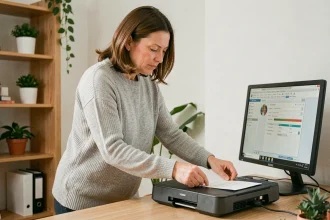 Femme utilisant un scanner à plat connecté à un ordinateur de bureau dans un bureau à domicile bien rangé
