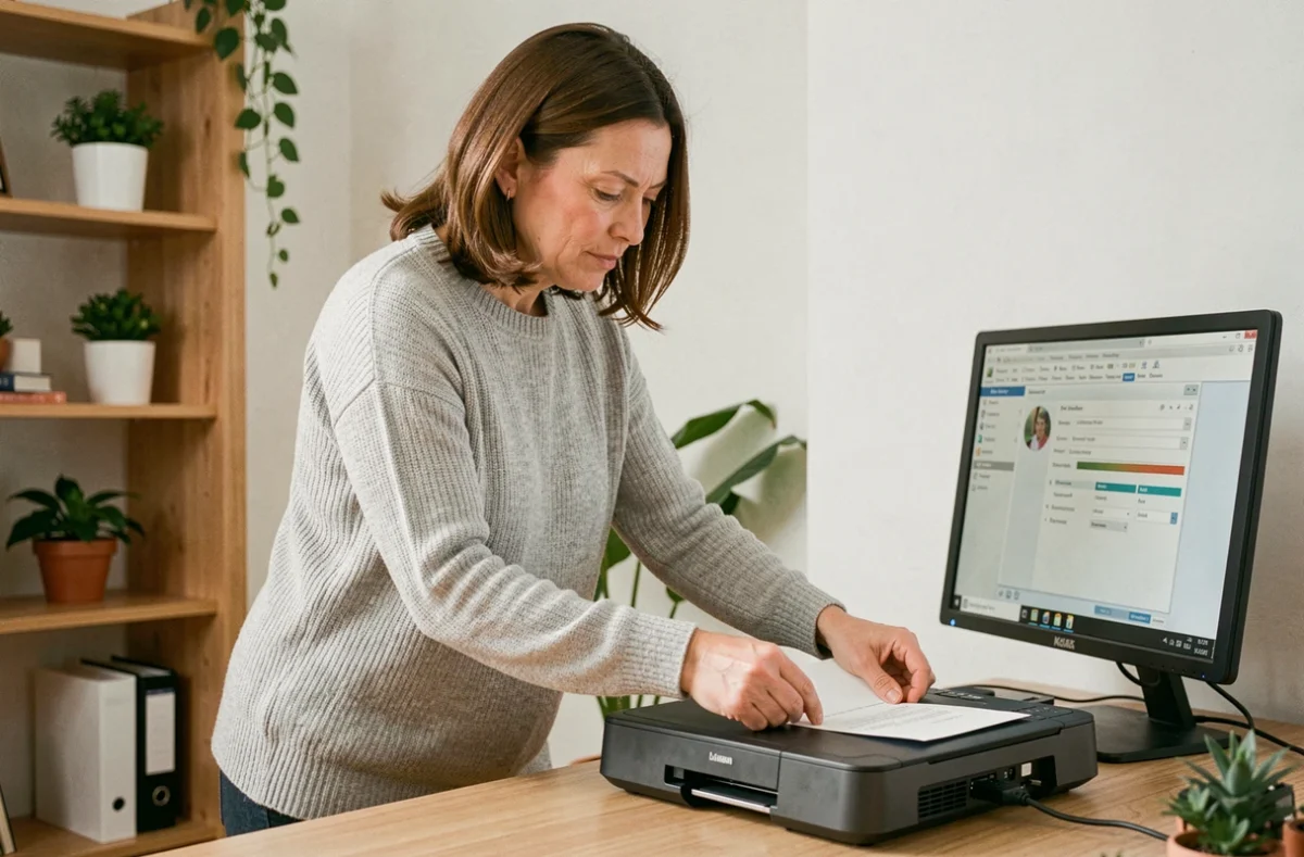 Femme utilisant un scanner à plat connecté à un ordinateur de bureau dans un bureau à domicile bien rangé