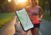 Smartphone avec trajet course sur Google Maps dans la main d'un coureur