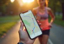Smartphone avec trajet course sur Google Maps dans la main d'un coureur