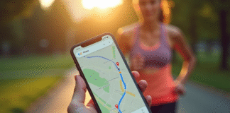 Smartphone avec trajet course sur Google Maps dans la main d'un coureur