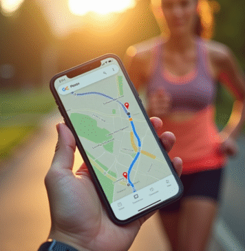 Smartphone avec trajet course sur Google Maps dans la main d'un coureur