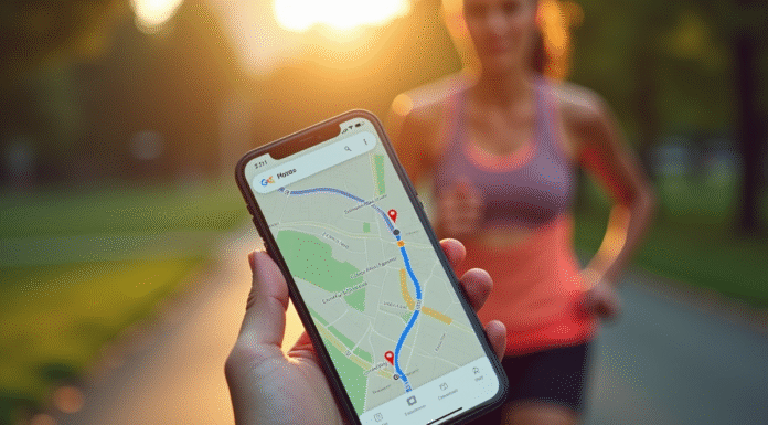 Smartphone avec trajet course sur Google Maps dans la main d'un coureur