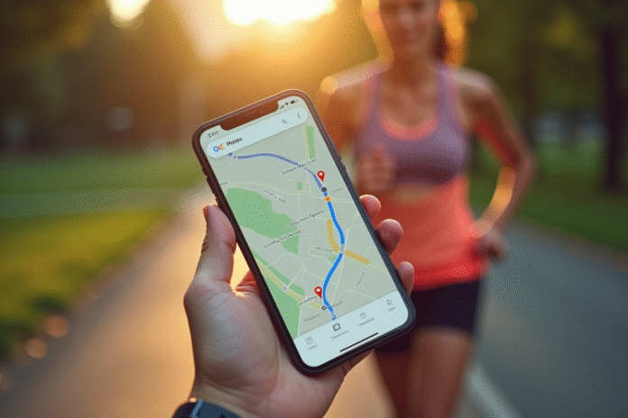 Smartphone avec trajet course sur Google Maps dans la main d'un coureur