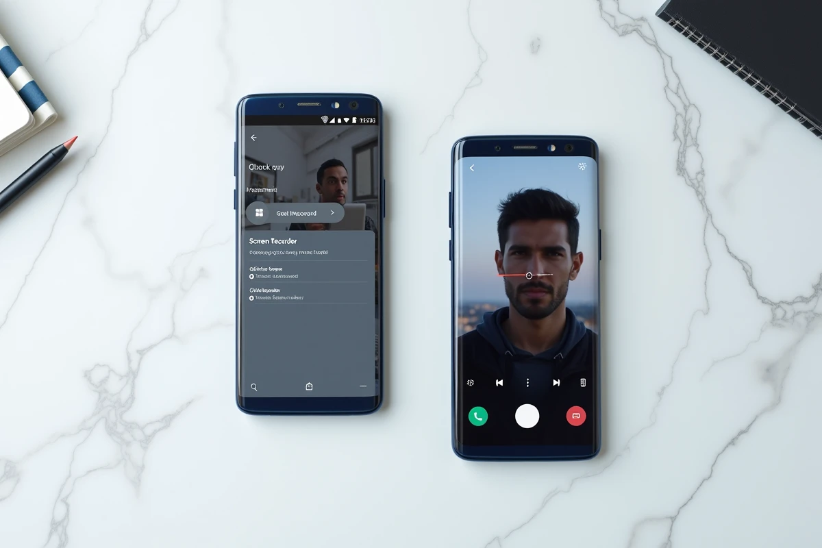 Deux smartphones Samsung côte à côte sur marbre montrant les étapes de l'enregistrement d'écran