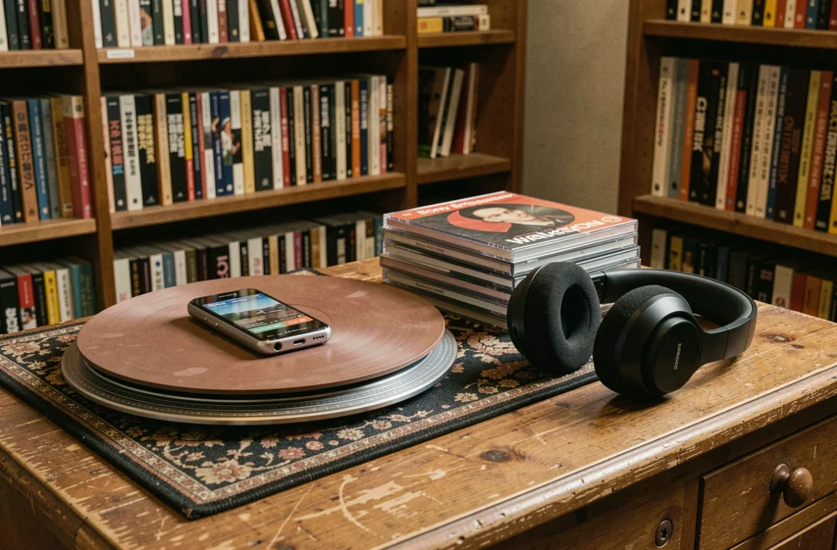 Sony Ericsson Walkman posé sur un plateau de platine vinyle entouré de CD et d'un casque audio, hommage à la culture musicale mobile