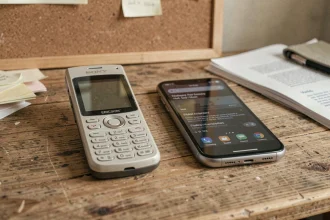 Sony Ericsson Walkman vintage posé à côté d'un smartphone moderne sur un bureau en bois, comparaison générations de téléphones
