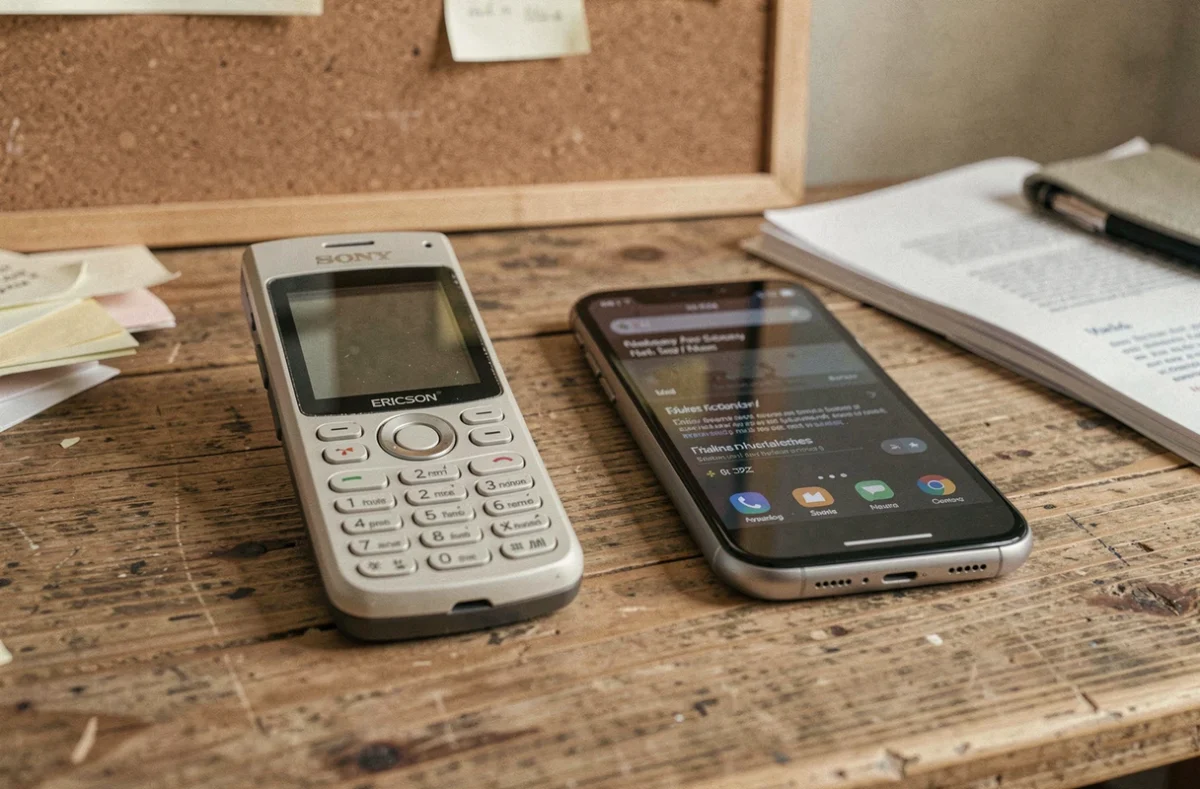 Sony Ericsson Walkman vintage posé à côté d'un smartphone moderne sur un bureau en bois, comparaison générations de téléphones