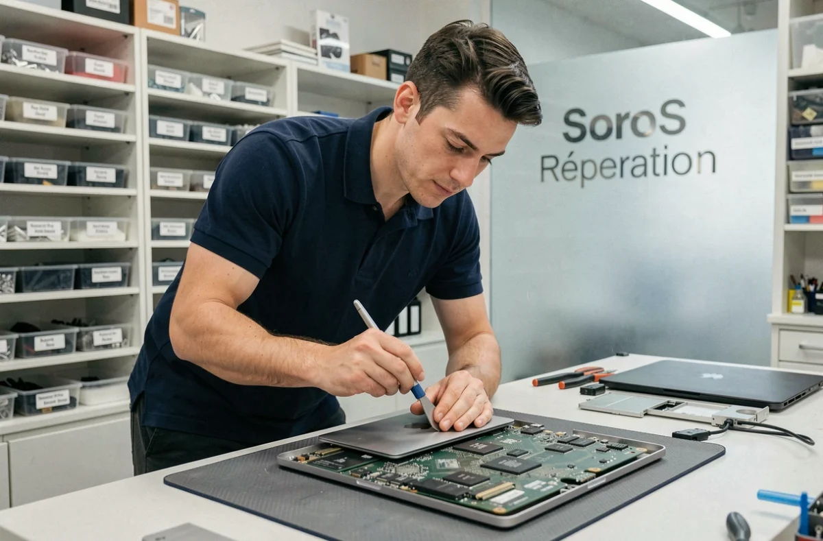 Technicien de SoroS Réparation à Montpellier réparant un MacBook Pro ouvert sur un établi anti-statique
