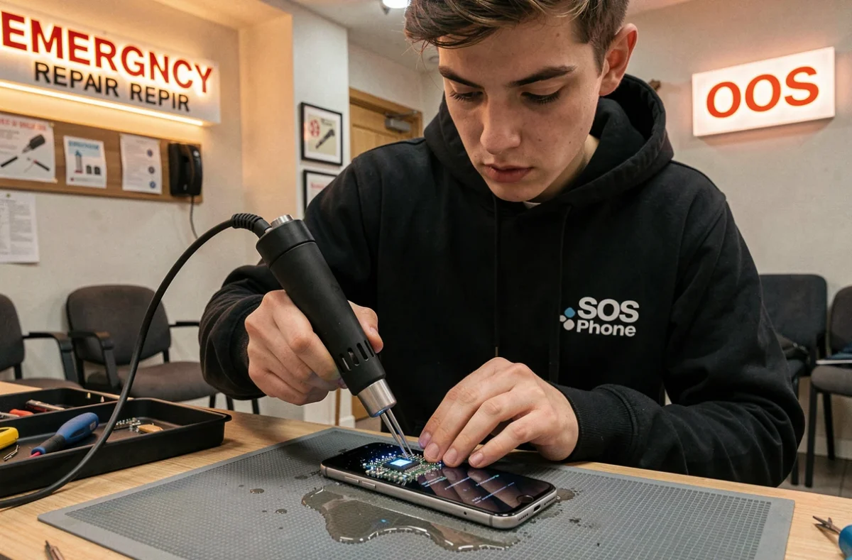 Technicien SOS Phone Lyon réparant en urgence un smartphone endommagé par l'eau dans sa boutique
