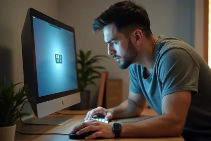 Homme frustré utilisant une souris d'ordinateur qui lag devant un écran figé dans un bureau à domicile