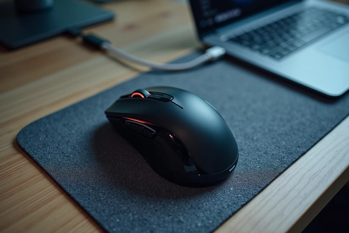 Vue rapprochée d'une souris sans fil avec récepteur USB et indicateur de batterie faible sur un bureau