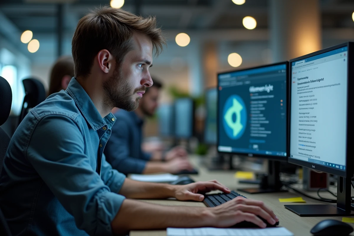 Homme en informatique regardant un avis de depreciation sur ses écrans