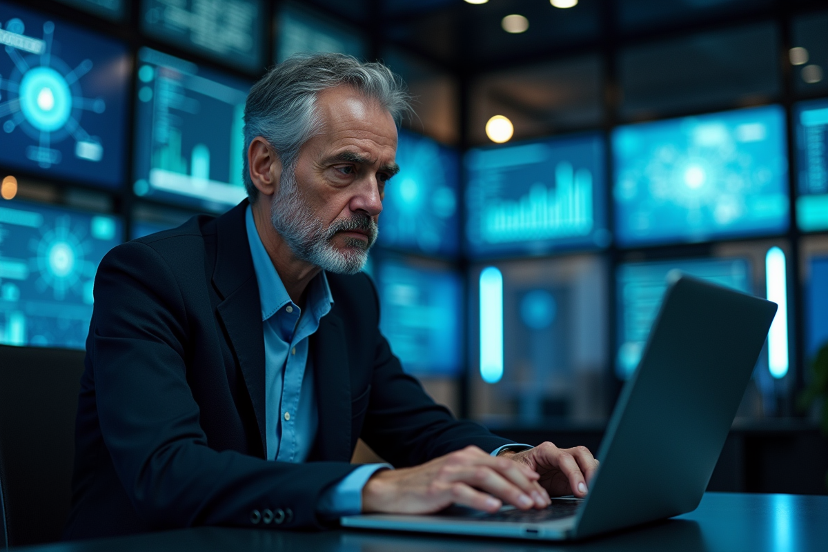 Specialiste en securite informatique travaillant sur un laptop