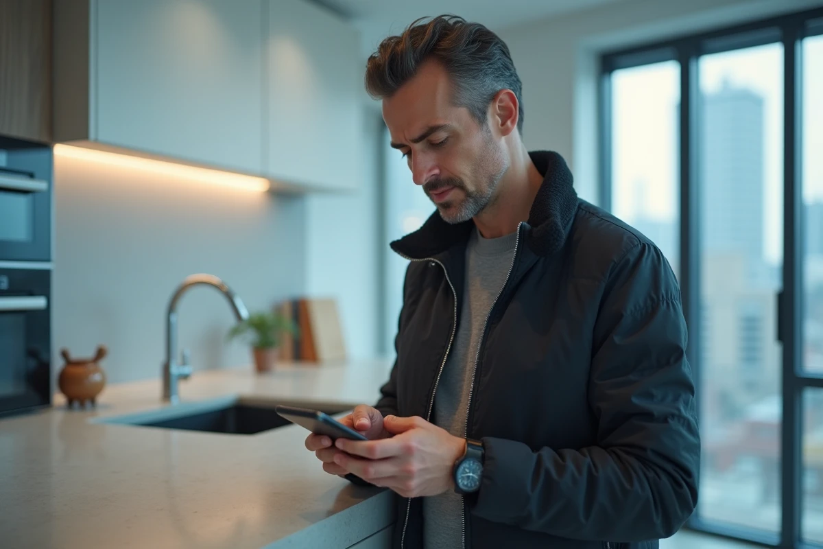Homme gérant les paramètres de suppression de l'historique Google sur son smartphone dans une cuisine moderne