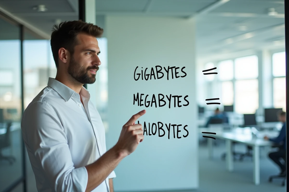 Homme expliquant un tableau de conversion Go Mo Ko sur un tableau blanc en entreprise