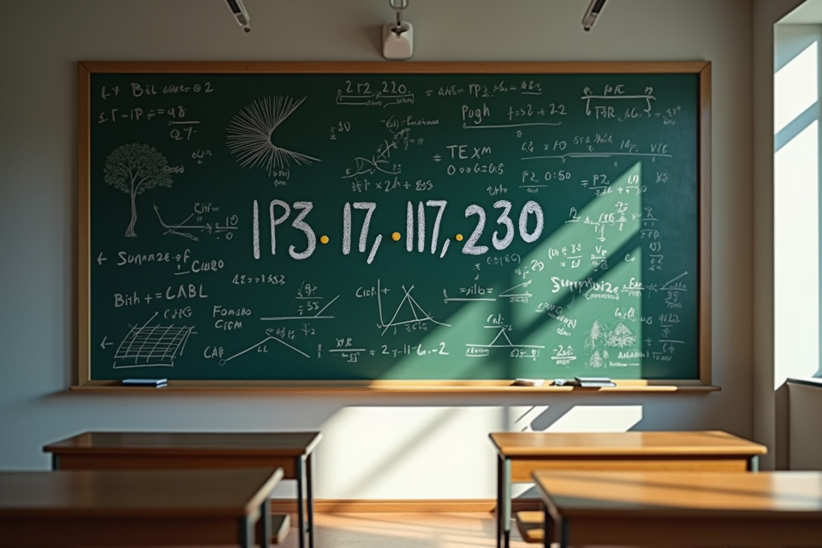 Tableau noir avec diagrammes géométriques et équations mathématiques