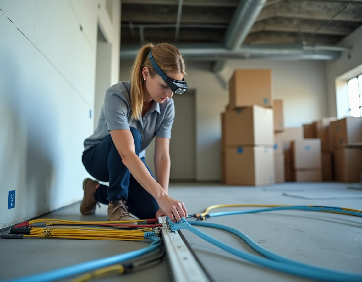 Technicienne réseau posant des câbles RJ45 Cat6 dans une goulotte lors d'une rénovation de bureau