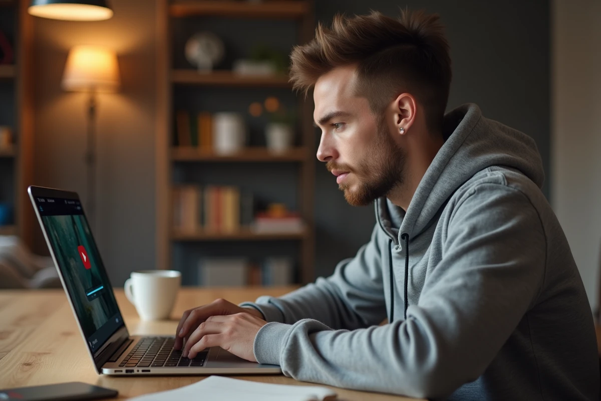 Jeune homme téléchargeant une vidéo YouTube en MP4 sur son ordinateur portable depuis un bureau à domicile