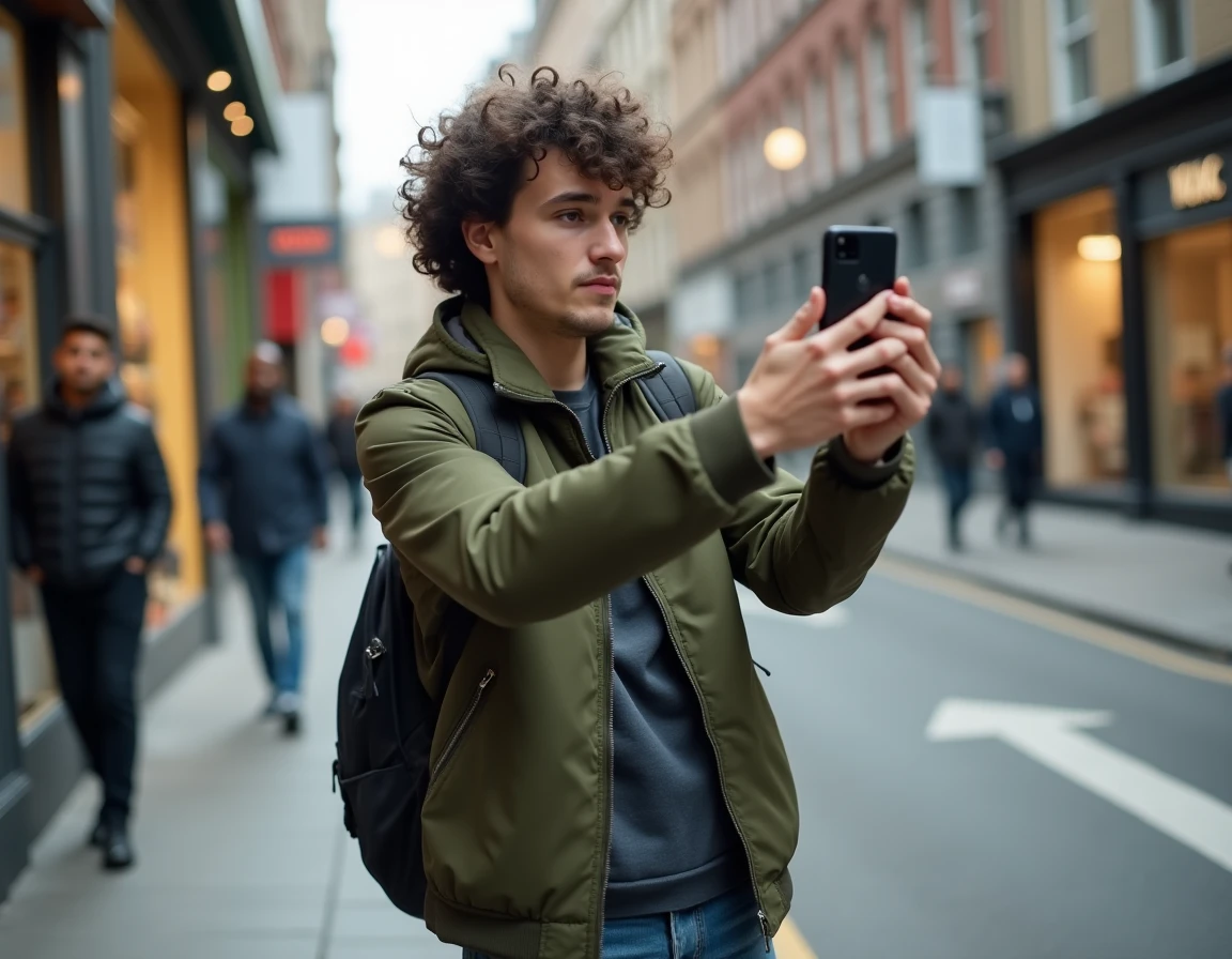 Jeune homme utilisant l'appareil photo d'un Google Pixel en pleine rue dans un environnement urbain