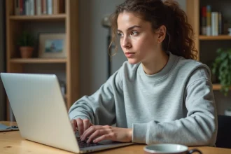 Femme appuyant sur la touche Maj d'un MacBook Pro dans un bureau minimaliste