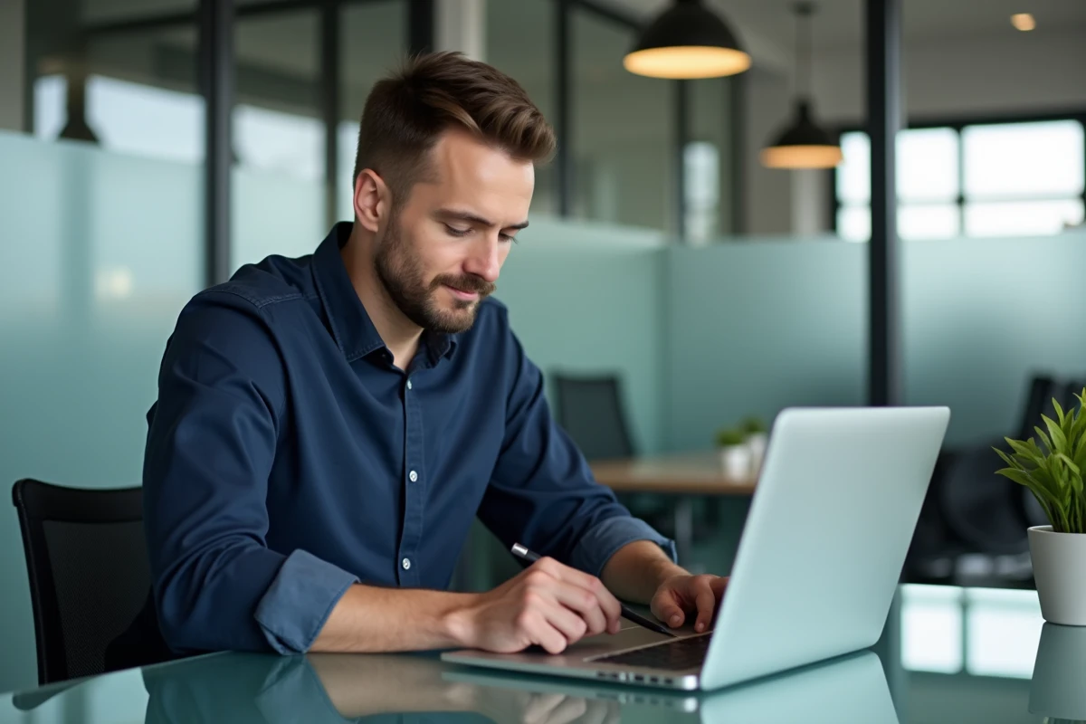 Homme en bureau partagé montrant la touche Maj sur un MacBook Air avec un stylet