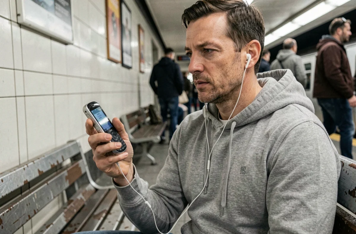 Homme tenant un téléphone Sony Ericsson Walkman avec des écouteurs filaires dans le métro, usage quotidien d'un téléphone vintage