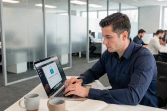 Professionnel informatique vérifiant un certificat SSL sur son ordinateur portable dans un bureau moderne