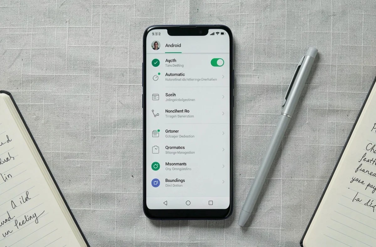Vue aérienne d'un smartphone Android affichant les paramètres de suppression automatique de la corbeille posé sur une surface en lin