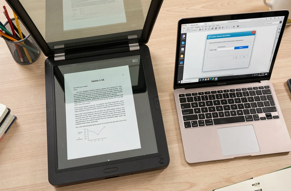 Vue de dessus d'un scanner à plat ouvert avec un document A4 positionné sur la vitre et un ordinateur portable affichant un logiciel de numérisation