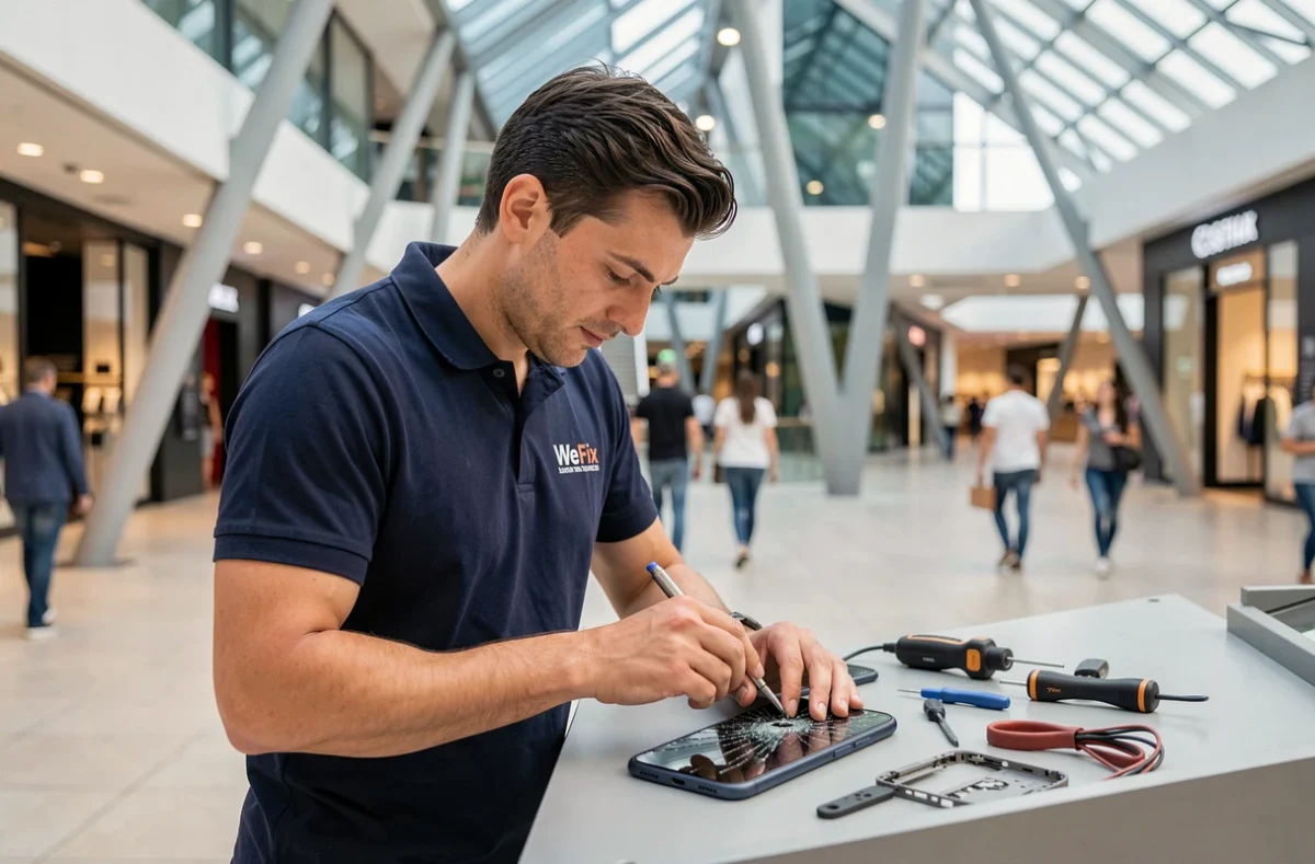 Technicien WeFix réparant un smartphone au kiosque du centre commercial Confluence à Lyon