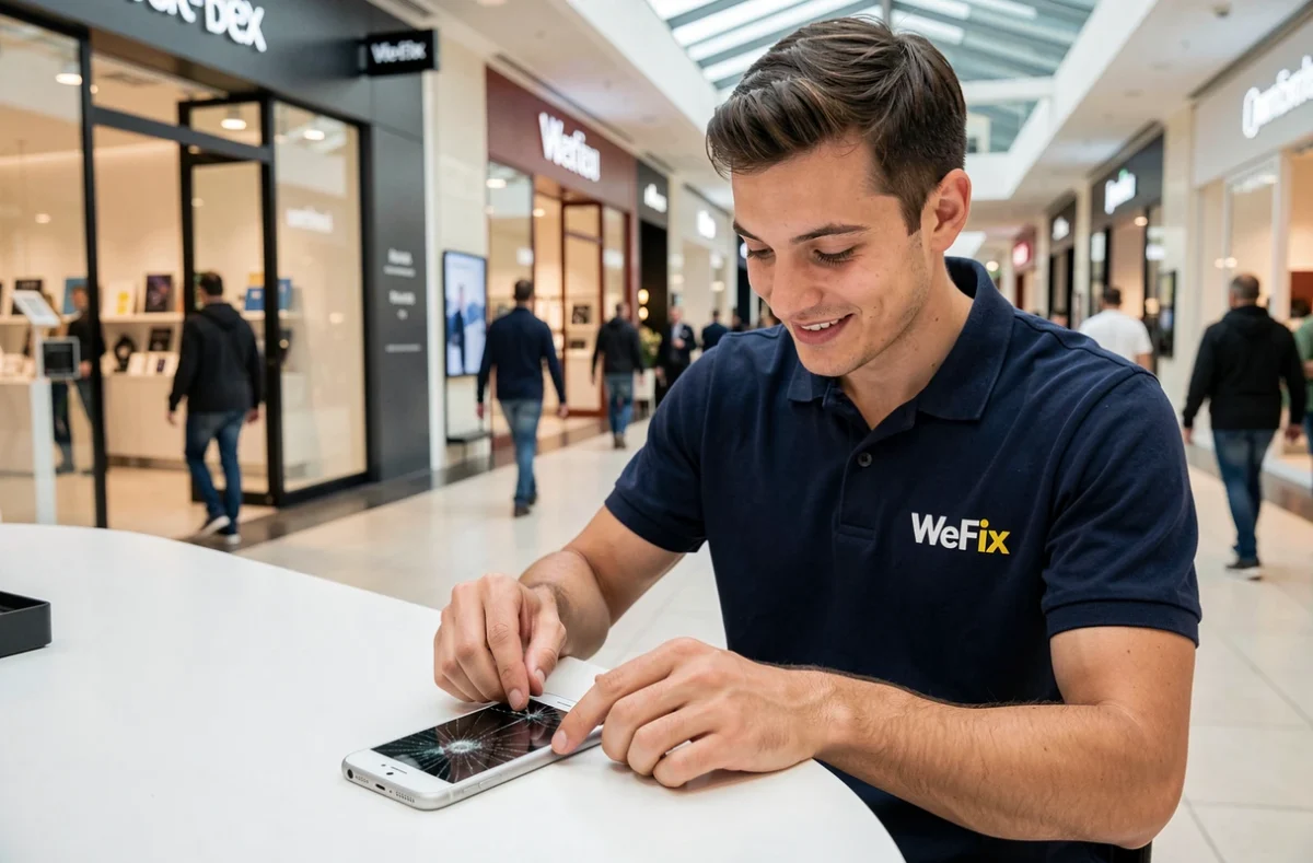 Technicien WeFix en polo bleu marine réparant un iPhone dans le centre commercial de la Part-Dieu à Lyon