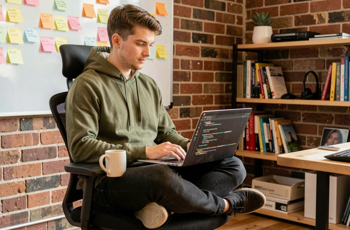 Développeur de Zerobug déboguant du code sur un laptop dans un espace de travail créatif et décontracté